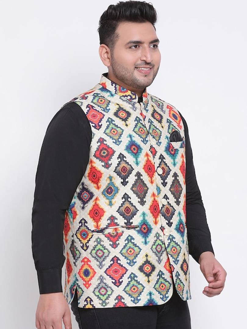 Men's Orange Viscose
 Woven Design Nehru Jackets